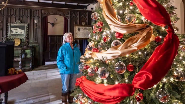 A visitor admires a Christmas tree decorated in red and gold in Cromwell Hall at Chirk Castle Wrexham